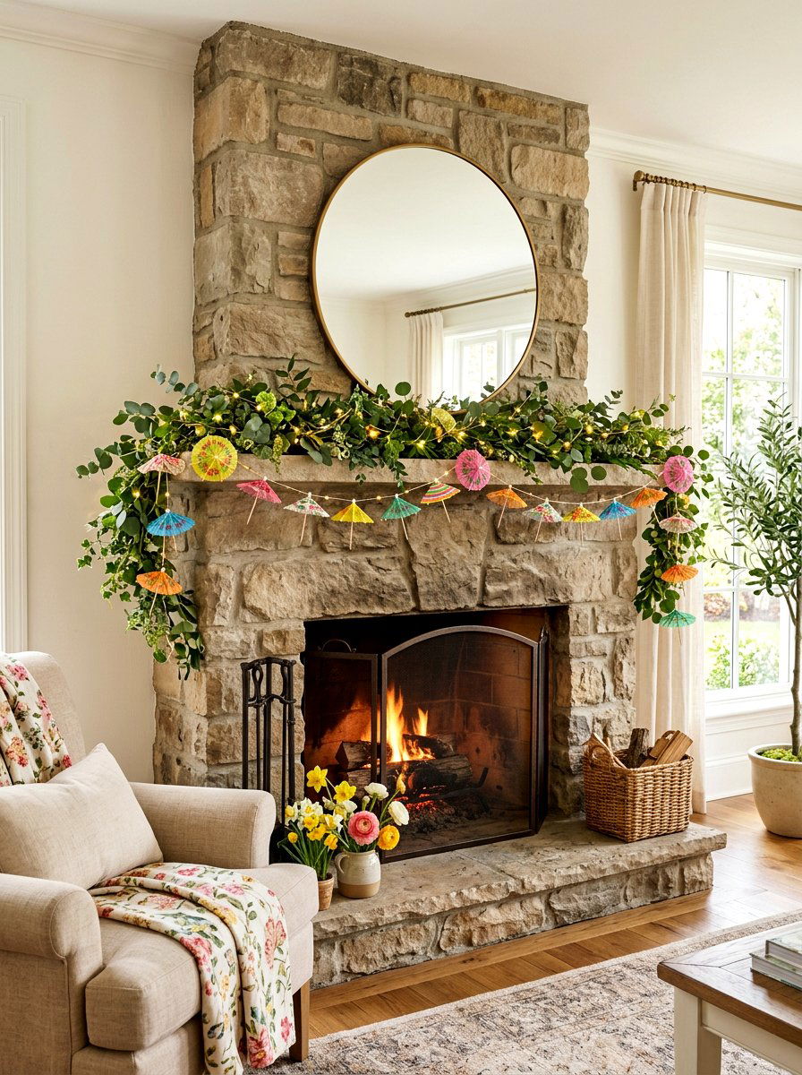 Mantel Umbrella Garland - 25 Spring Umbrella Decor Ideas