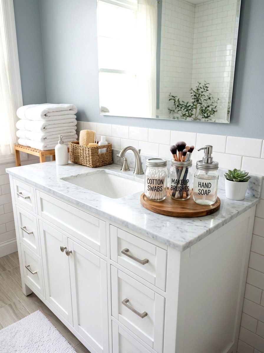 Mason Jar Bathroom Organizer - 25 Spring Mason Jar Decor Ideas