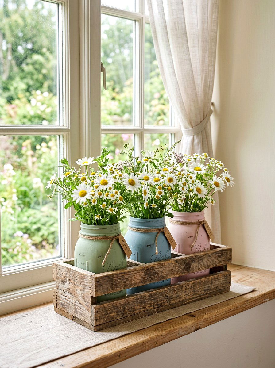 Mason Jar Flower Vases - 25 Spring Kitchen Windowsill Ideas