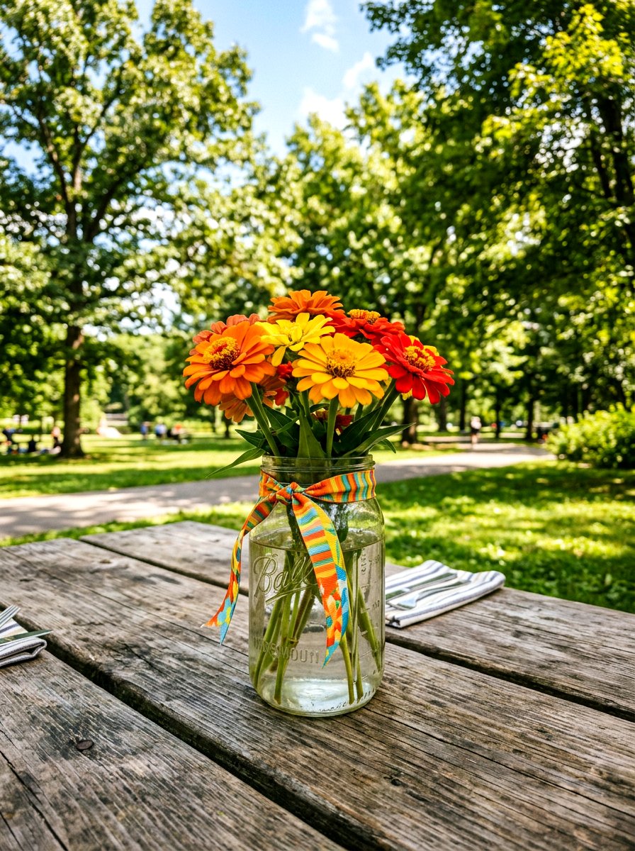Mason Jar Picnic Table Centerpiece - 25 Spring Mason Jar Flower Ideas