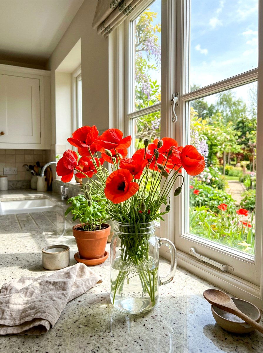Mason Jar Style Pitcher with Poppies - 25 Spring Pitcher Flower Ideas