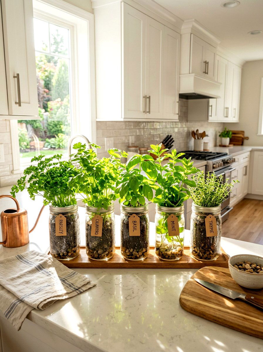 Mason jar indoor herbs - 25 Spring Free Decor Ideas