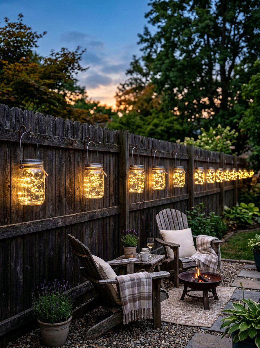 Mason jar lights - 25 Spring Fence Line Decor Ideas