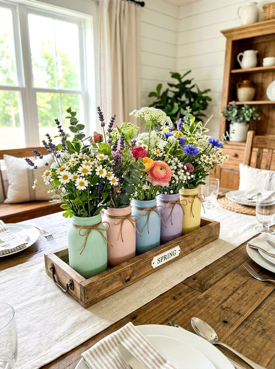 Mason jar spring tray centerpiece - 25 Spring Farmhouse Tiered Tray Ideas