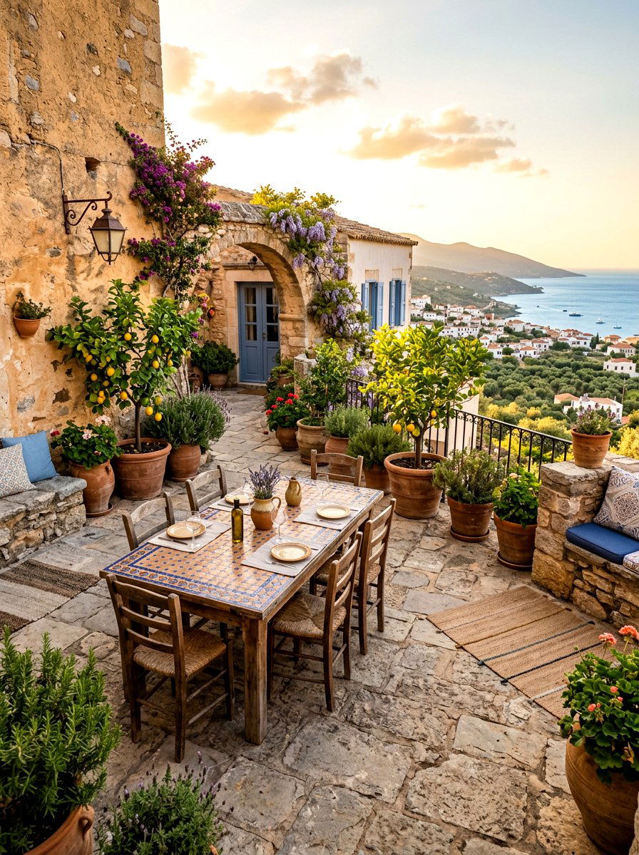 Mediterranean Stone Patio - 25 Spring Outdoor Dining Decor Ideas