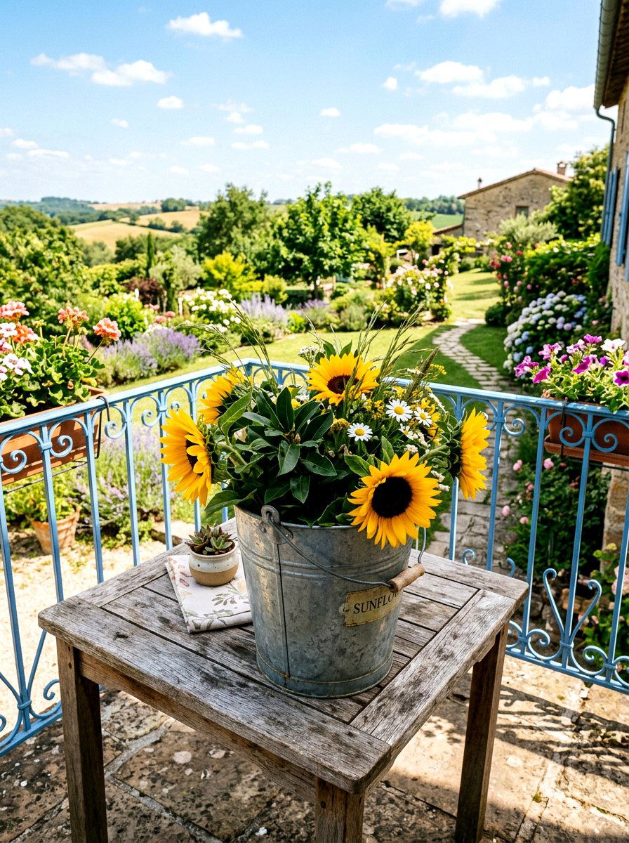 Metal Bucket Flower - 25 Spring Balcony Table Decor Ideas