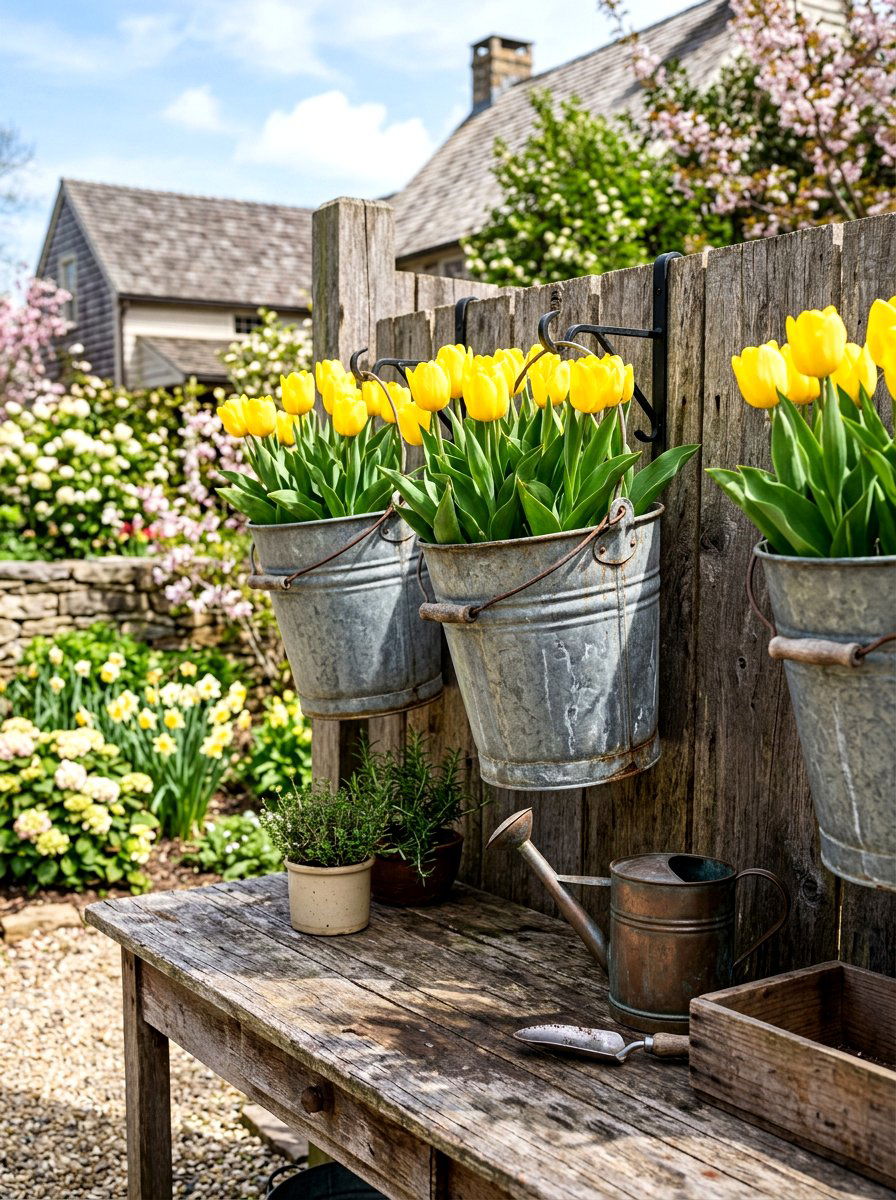 Metal Bucket Planter - 25 Spring Outdoor Wall Decor Ideas