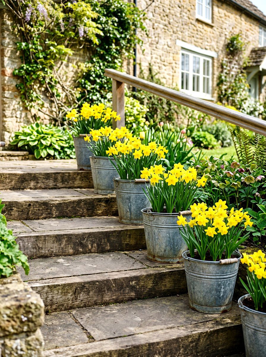 Metal Bucket Planters For Steps - 25 Spring Outdoor Staircase Decor Ideas