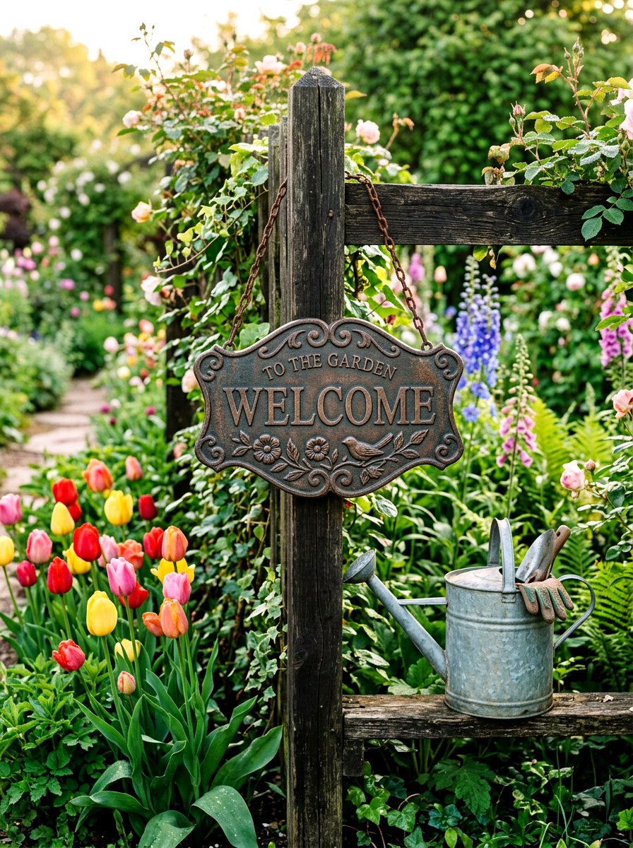 Metal Garden Welcome Sign - 25 Spring Farmhouse Sign Ideas