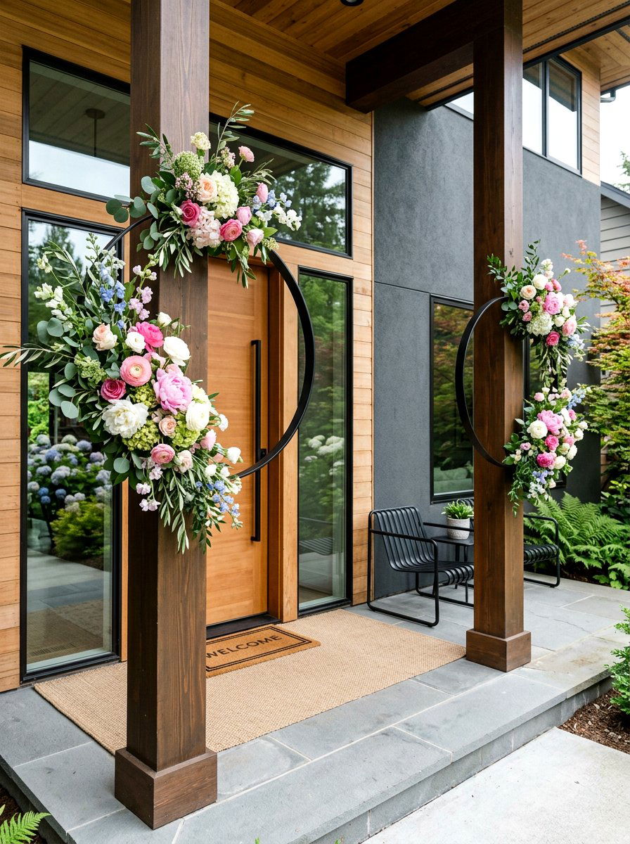 Metal Hoop Floral Decor - 25 Spring Porch Column Decor Ideas