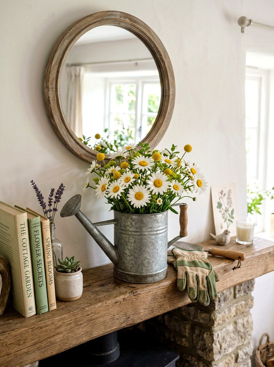 Metal Watering Can - 25 Spring Cottage Mantel Ideas