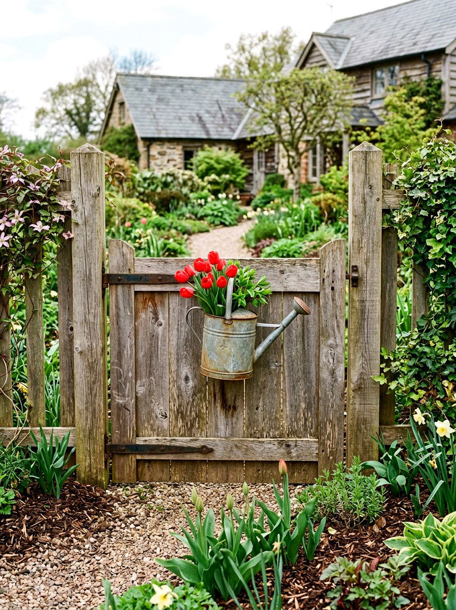 Metal Watering Can Decor - 25 Spring Wooden Gate Decor Ideas