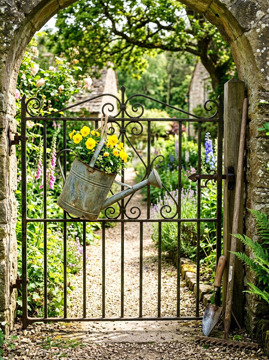 Metal Watering Can On Gate - 25 Spring Iron Gate Decor Ideas