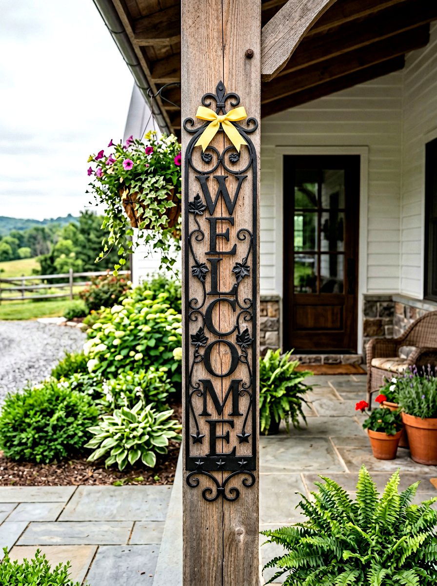 Metal Welcome Sign Porch Post - 25 Spring Porch Post Decor Ideas