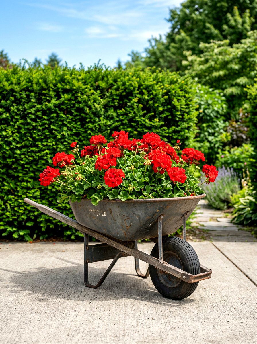 Metal Wheelbarrow With Geraniums - 25 Spring Wheelbarrow Decor Ideas