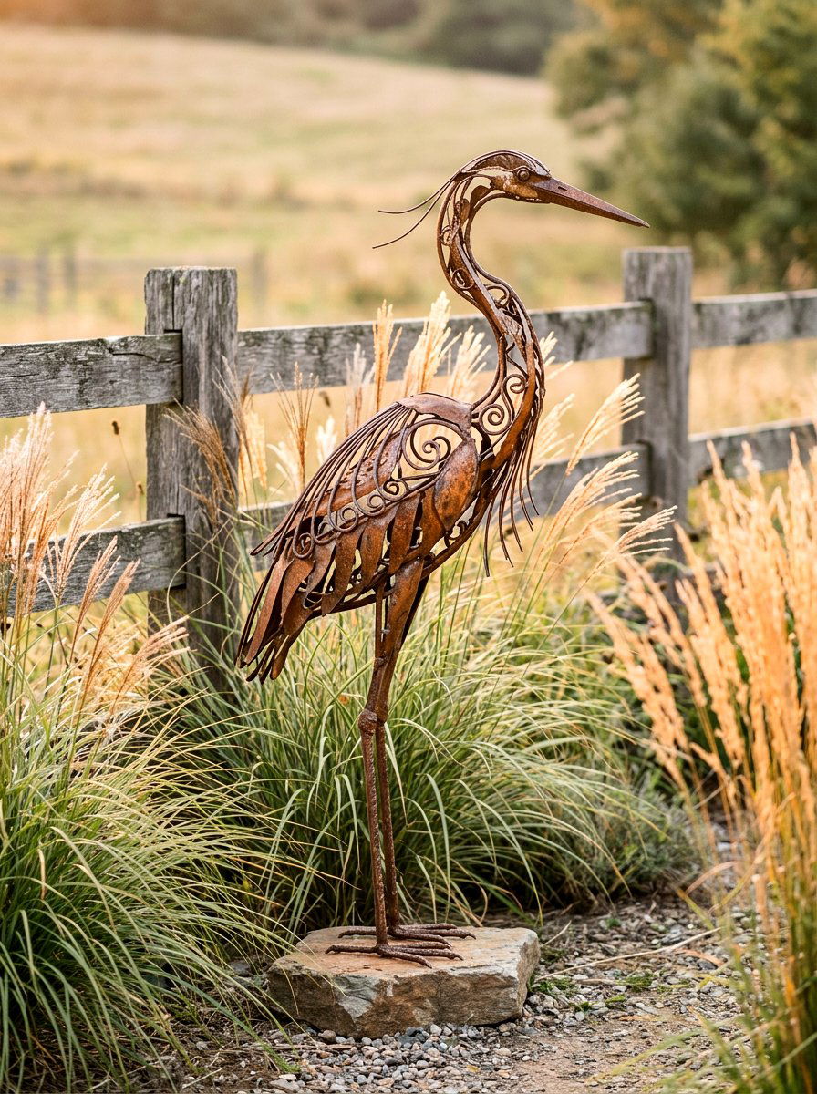 Metal bird sculpture - 25 Spring Garden Statue Ideas