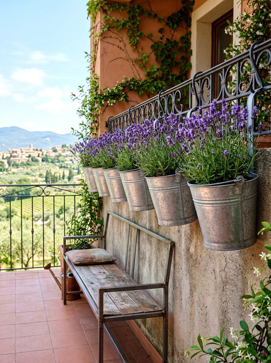 Metal bucket planters - 25 Spring Balcony Wall Decor Ideas