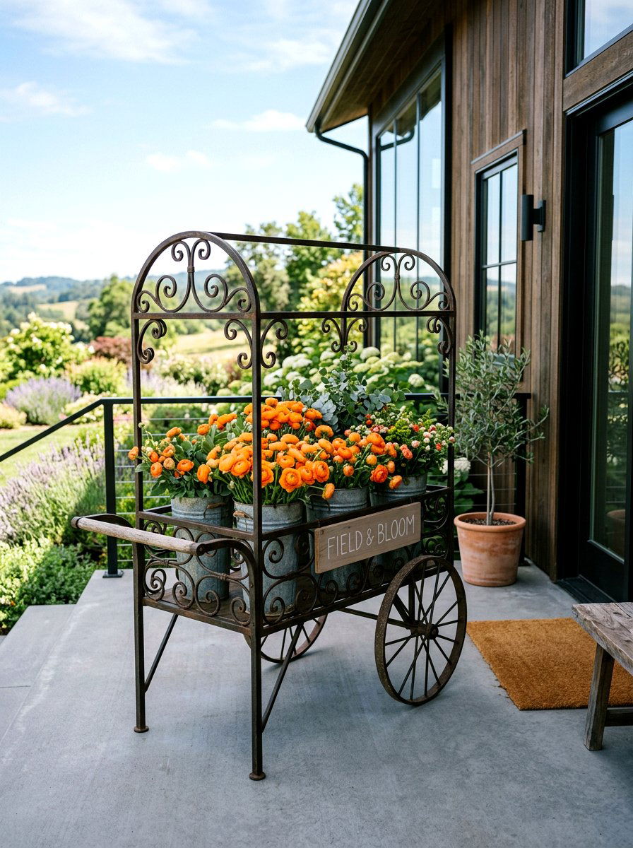 Metal flower cart on porch - 25 Spring Flower Cart Decor Ideas