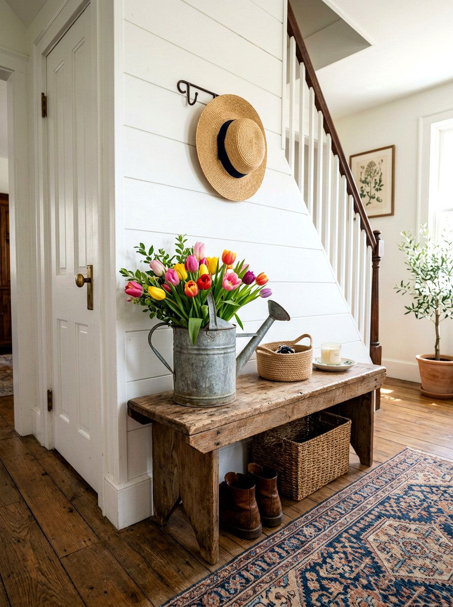 Metal watering can - 25 Spring Hallway Table Decor Ideas
