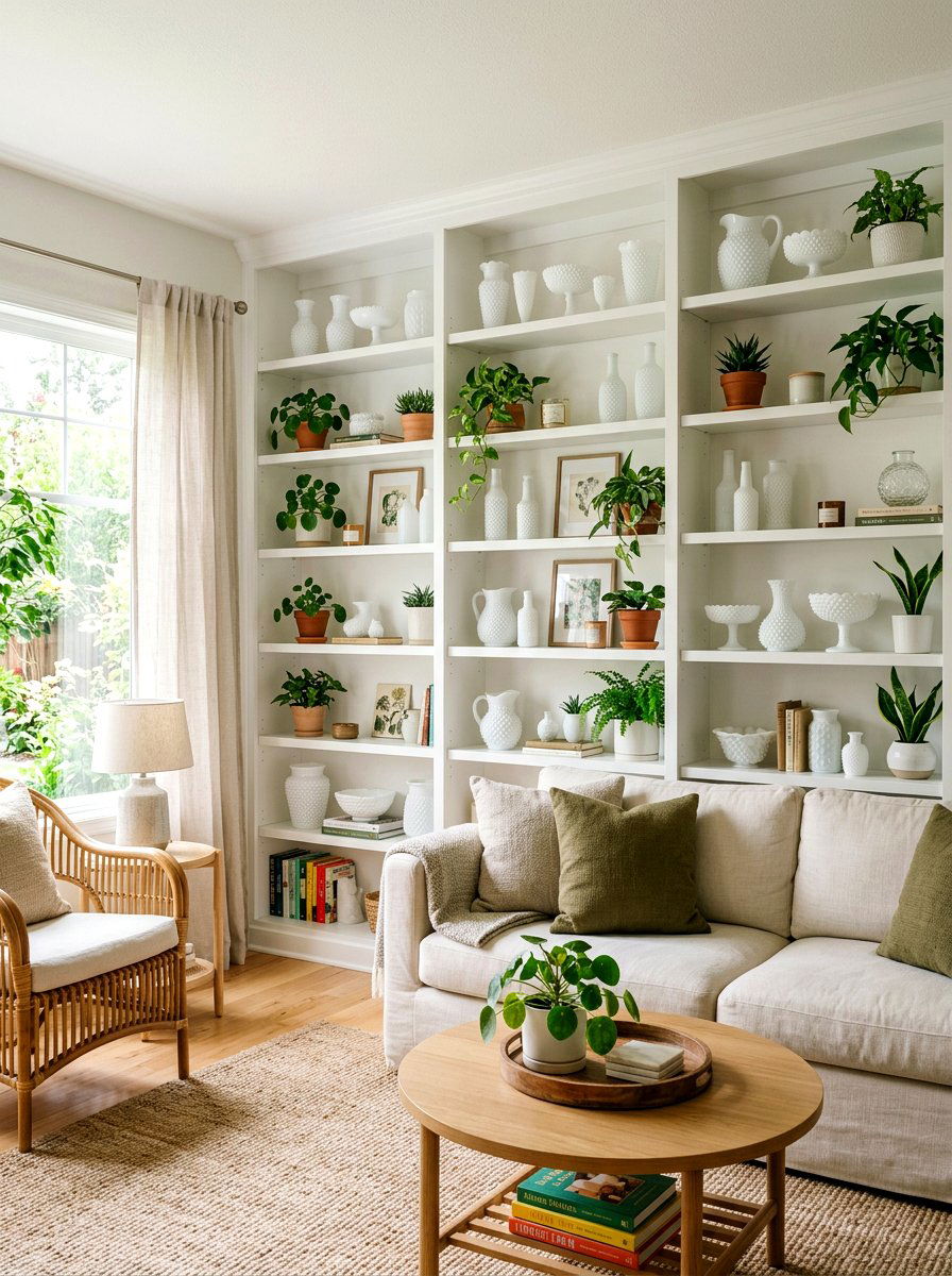 Milk Glass Shelf Styling - 25 Spring Milk Glass Decor Ideas