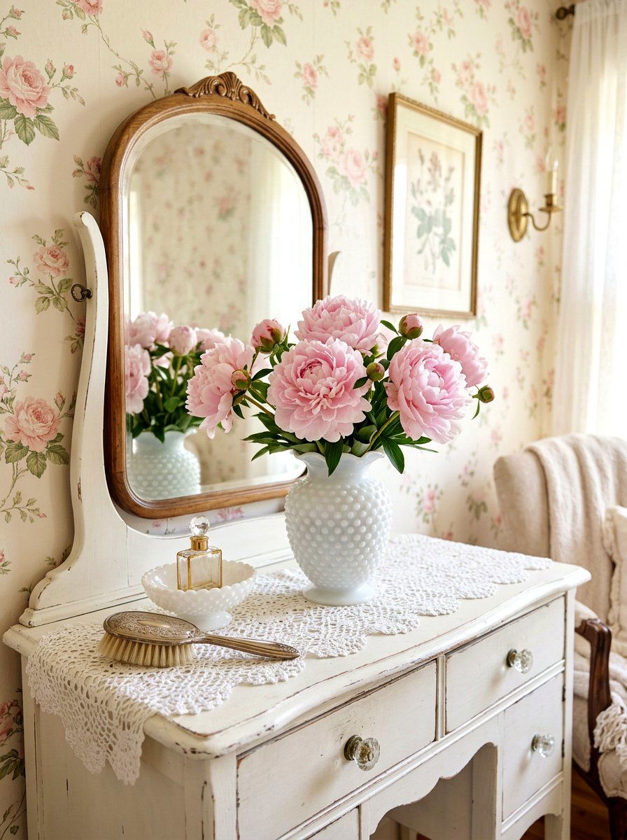 Milk glass peony display - 25 Spring Peony Centerpiece Ideas