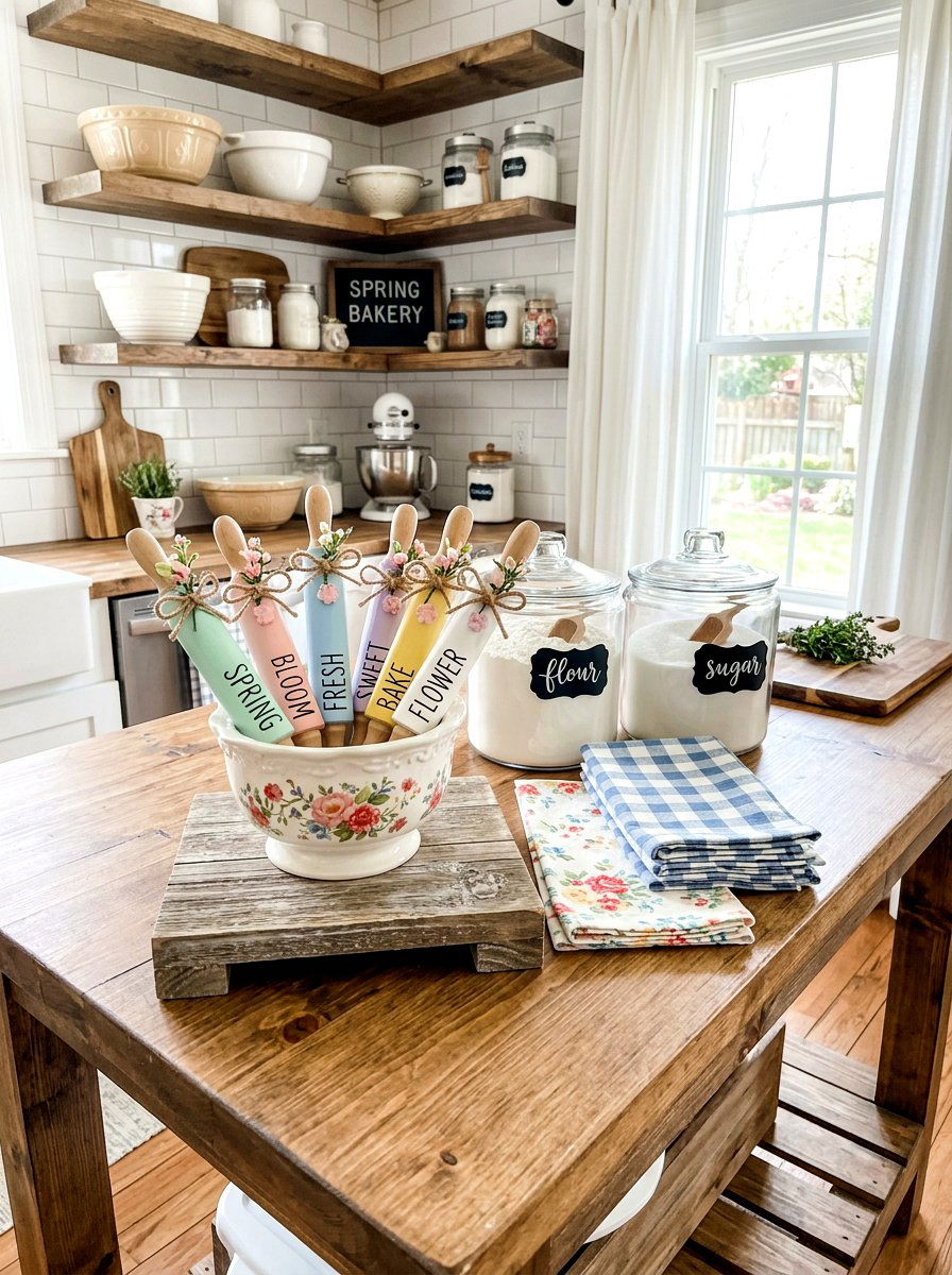 Mini rolling pin spring decor - 25 Spring Farmhouse Tiered Tray Ideas