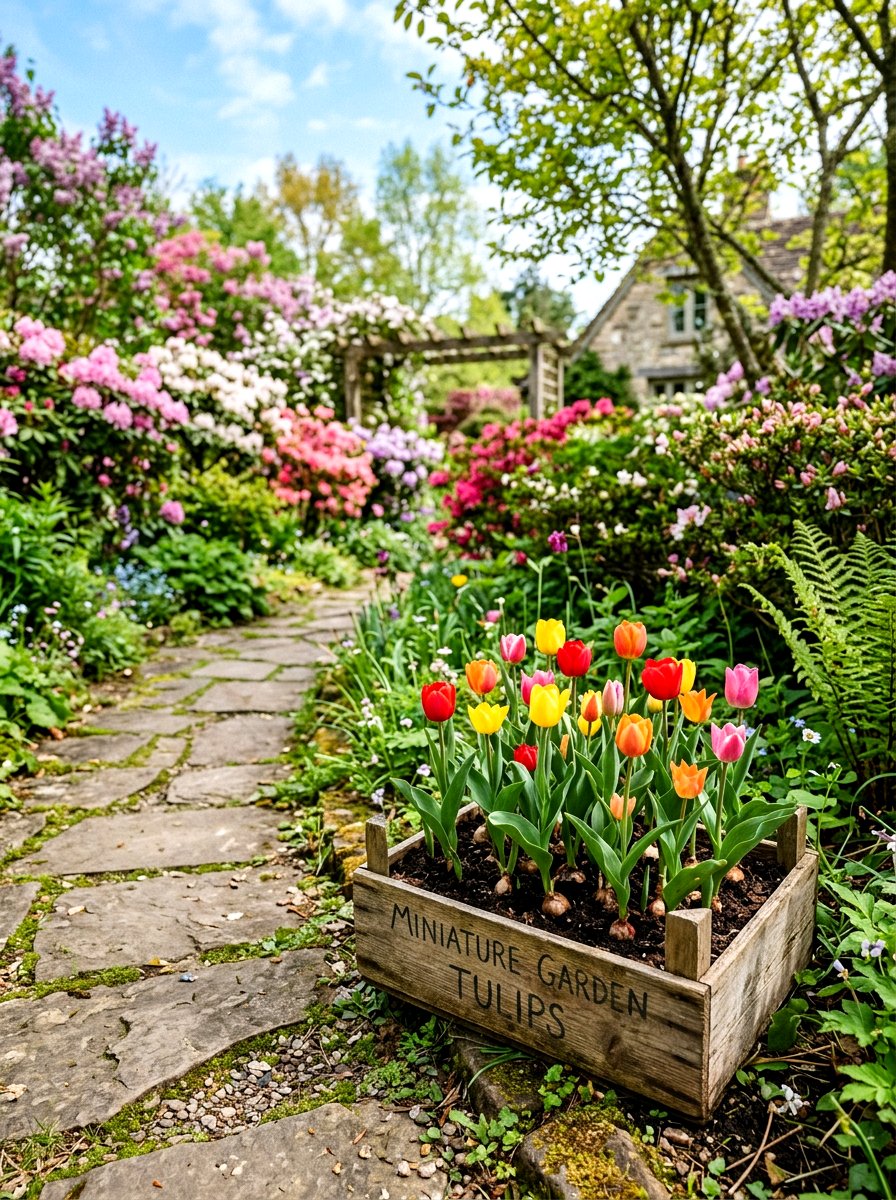 Mini tulips in small wooden crate - 25 Spring Tulip Bulb Vase Ideas