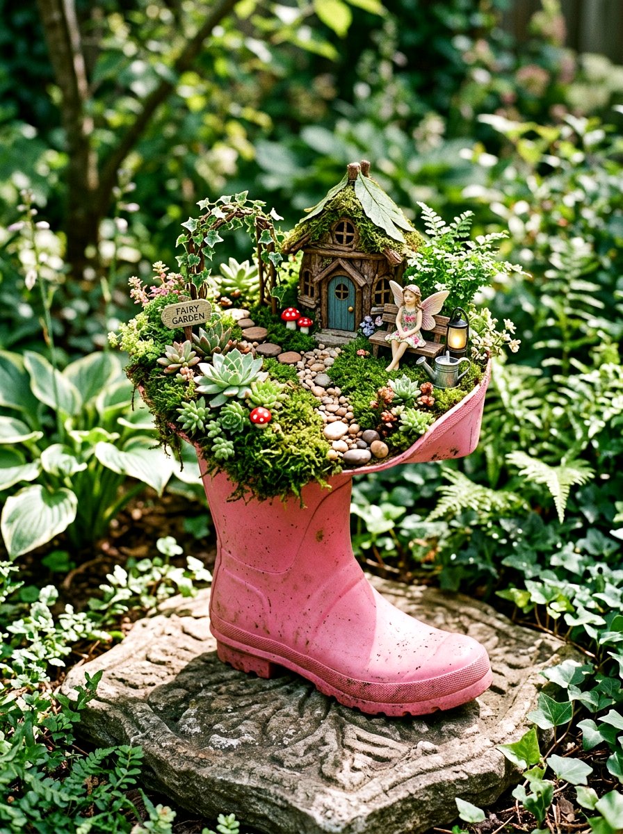 Miniature Boot Fairy Garden - 25 Spring Boot Planter Ideas
