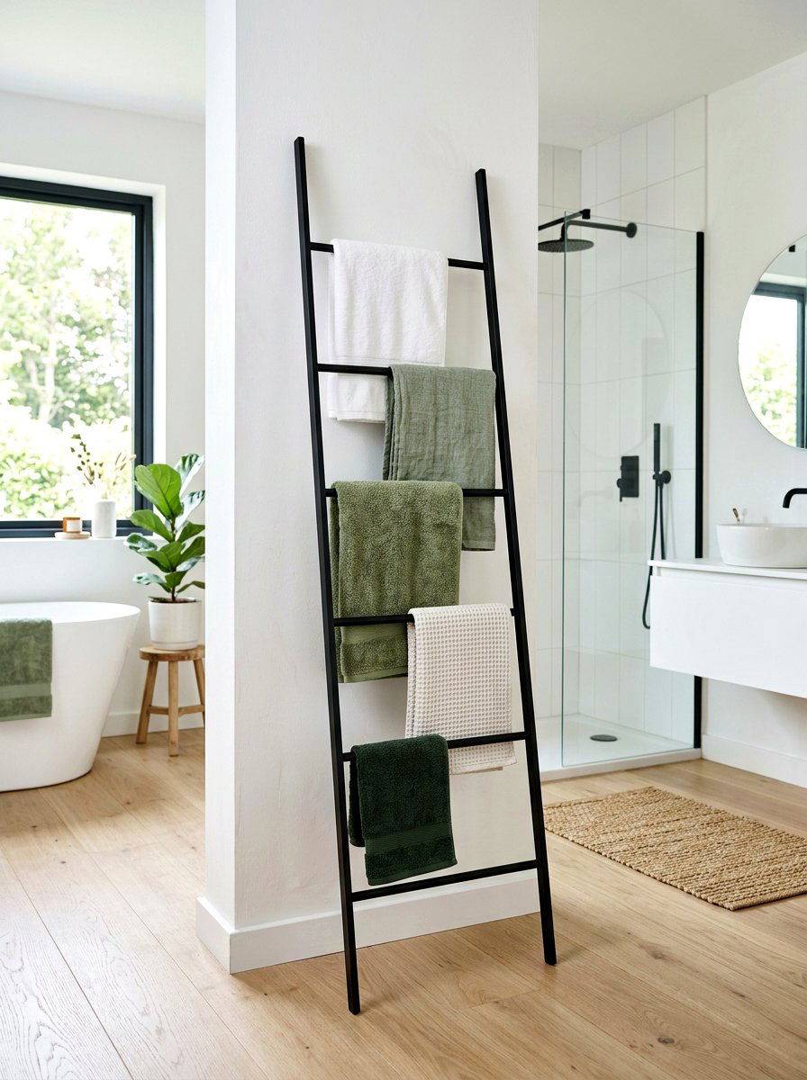 Minimalist Black Metal Towel Ladder - 25 Spring Towel Rack Decor Ideas