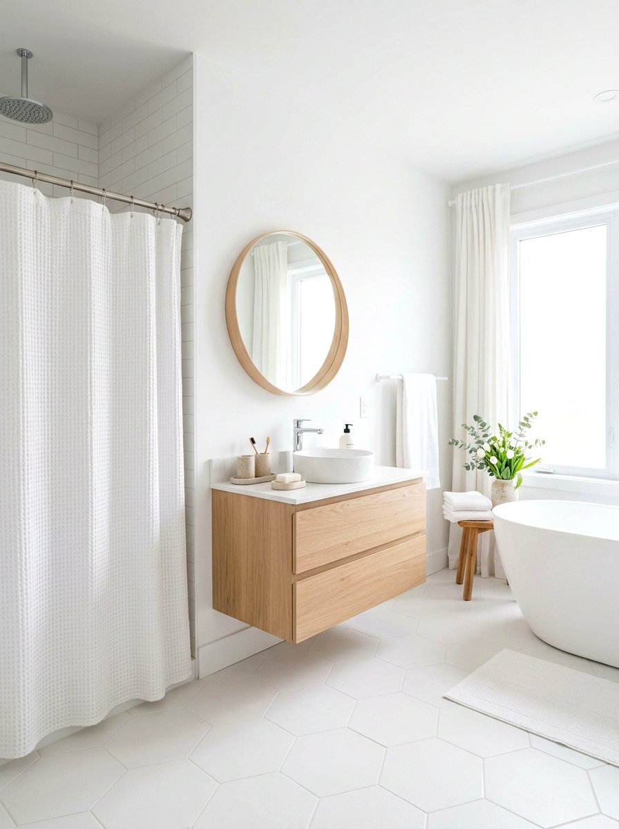 Minimalist White Bathroom - 25 Spring Shower Curtain Ideas