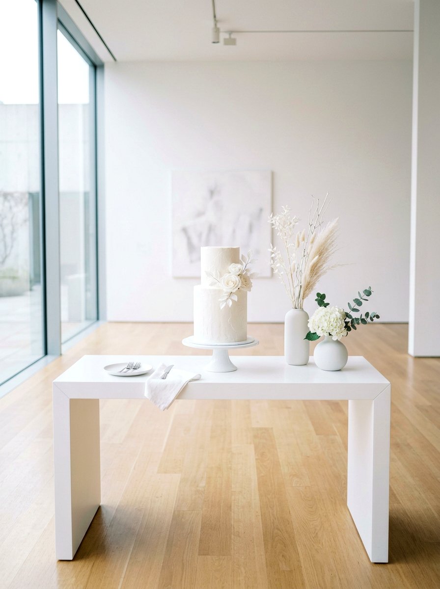 Minimalist White Cake Table - 25 Spring Wedding Cake Table Ideas