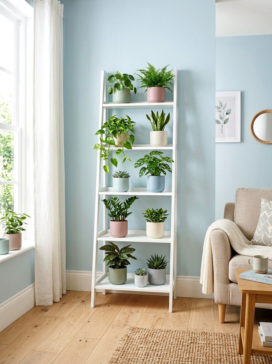 Minimalist White Ladder Stand - 25 Spring Plant Shelf Ideas