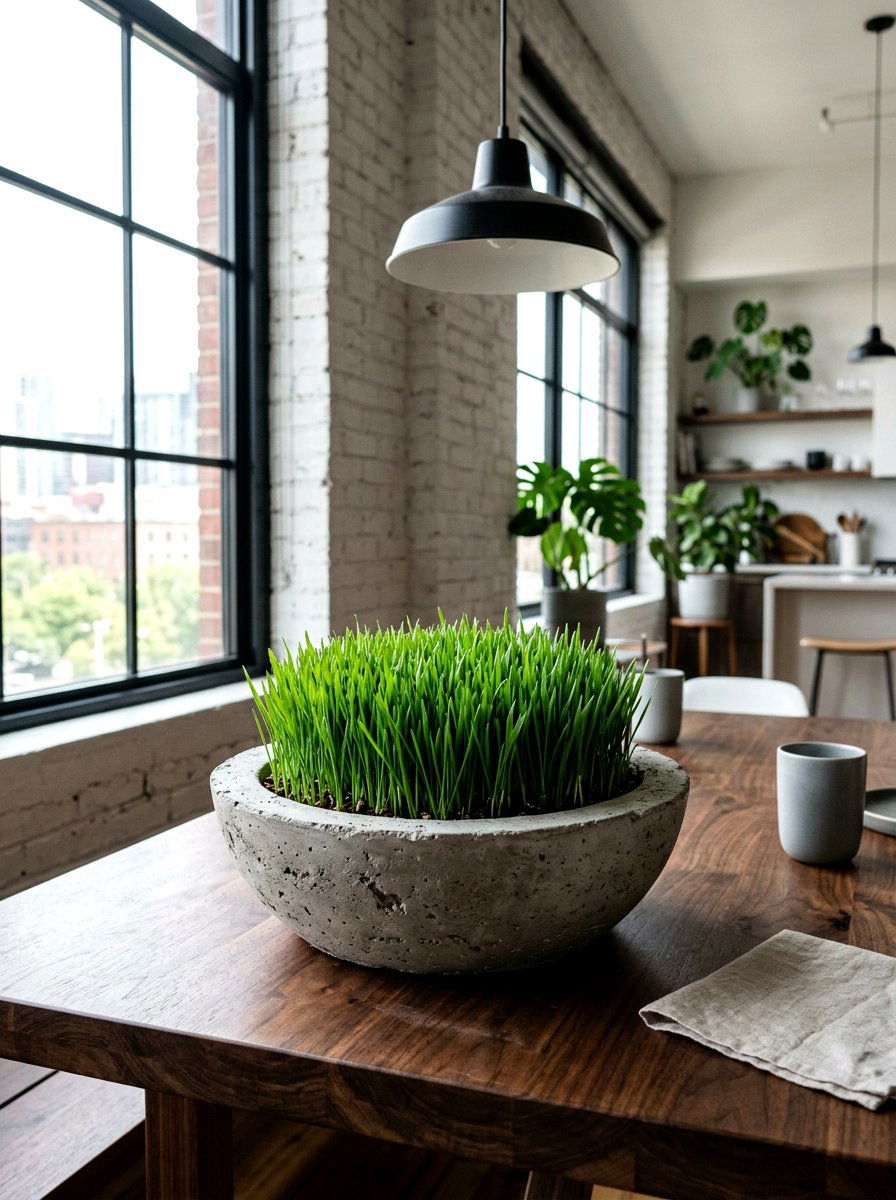 Minimalist concrete wheatgrass bowl - 25 Spring Wheatgrass Centerpiece Ideas