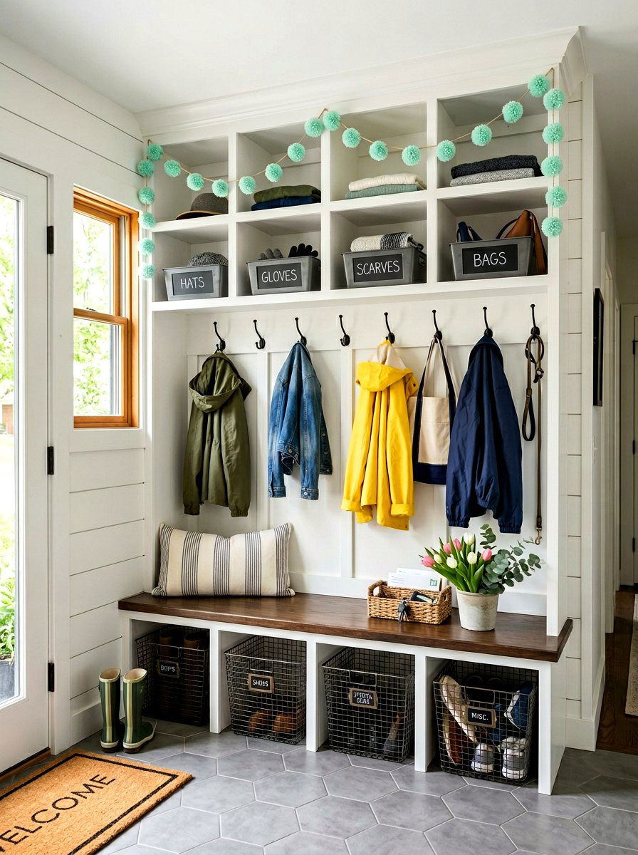 Mint Pom Pom Garland Mudroom - 25 Spring Pom Pom Garland Ideas
