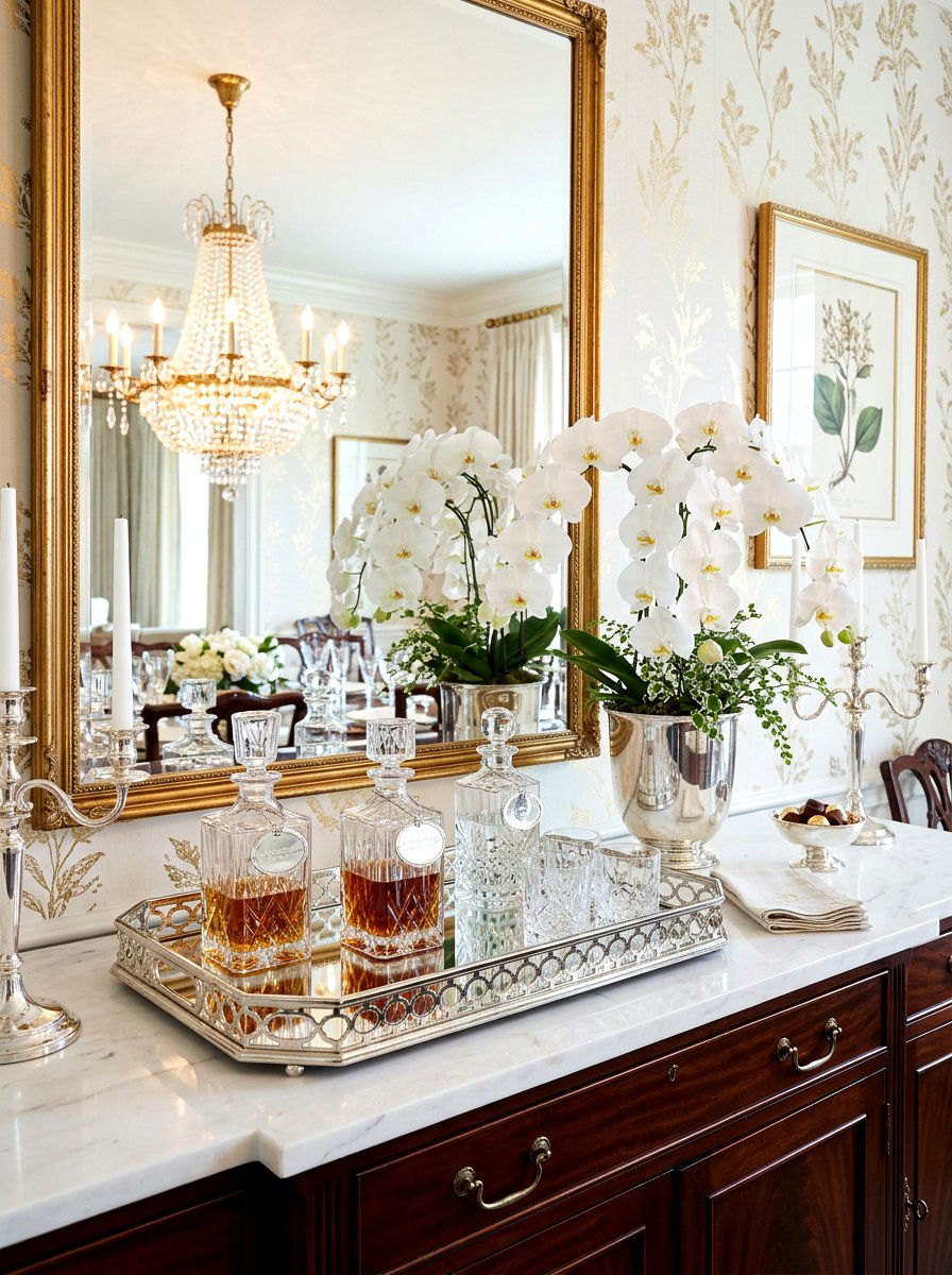 Mirrored tray with crystal - 25 Spring Dining Room Buffet Ideas