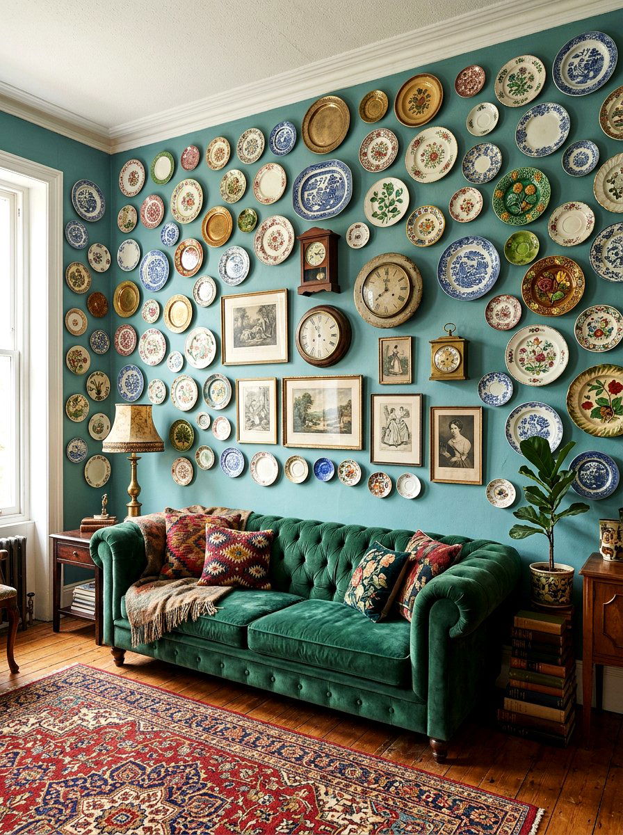 Mismatched Plate Wall - 25 Spring Plate Wall Ideas