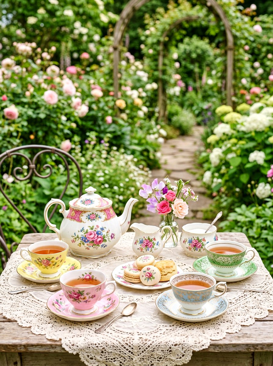 Mismatched Vintage Tea Set - 25 Spring Picnic Decor Ideas