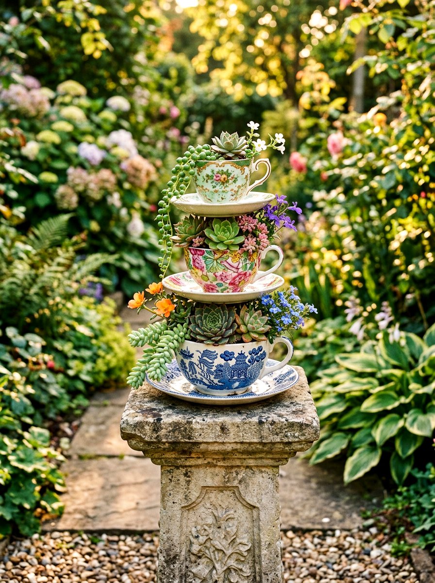 Mismatched teacup stack planter - 25 Spring Teacup Planter Ideas