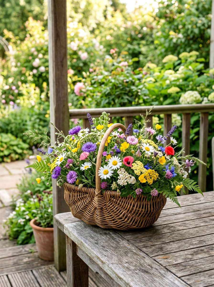 Mixed Meadow Flower Basket - 25 Spring Floral Centerpiece Ideas