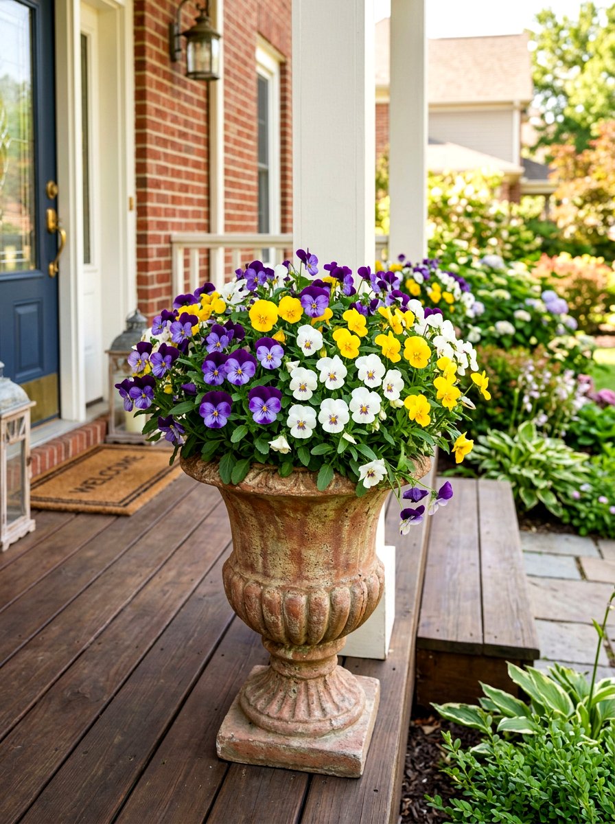 Mixed Pansies And Violas - 25 Spring Urn Planter Ideas