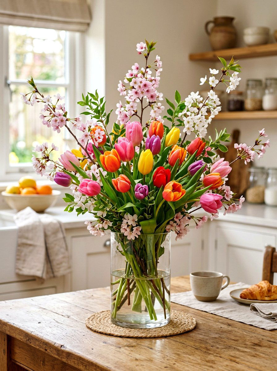 Mixed cherry blossom and tulip bouquet - 25 Spring Cherry Blossom Arrangement Ideas