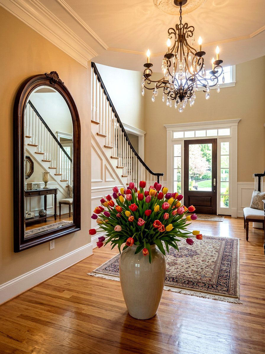 Mixed color tulips in large floor vase - 25 Spring Tulip Bulb Vase Ideas