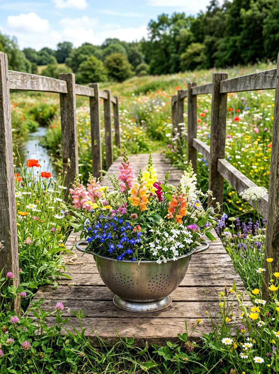 Mixed floral colander display - 25 Spring Colander Planter Ideas
