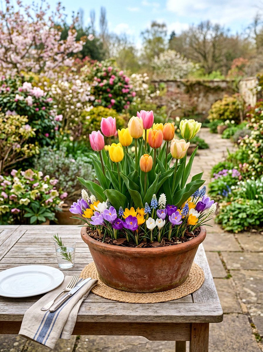 Mixed spring bulb pot - 25 Spring Planter Ideas