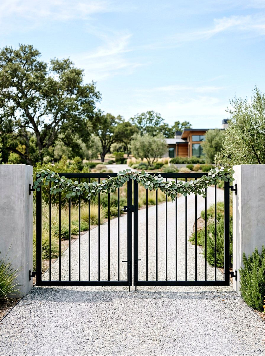 Modern Black Gate With Simple Greenery - 25 Spring Front Gate Decor Ideas