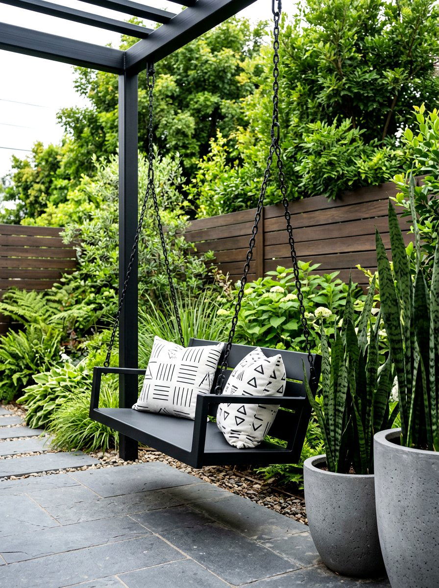 Modern Black Swing - 25 Spring Porch Swing Decor Ideas