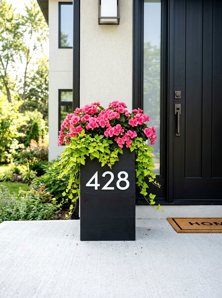 Modern Black Wood House Number Planter - 25 Spring Address Planter Ideas