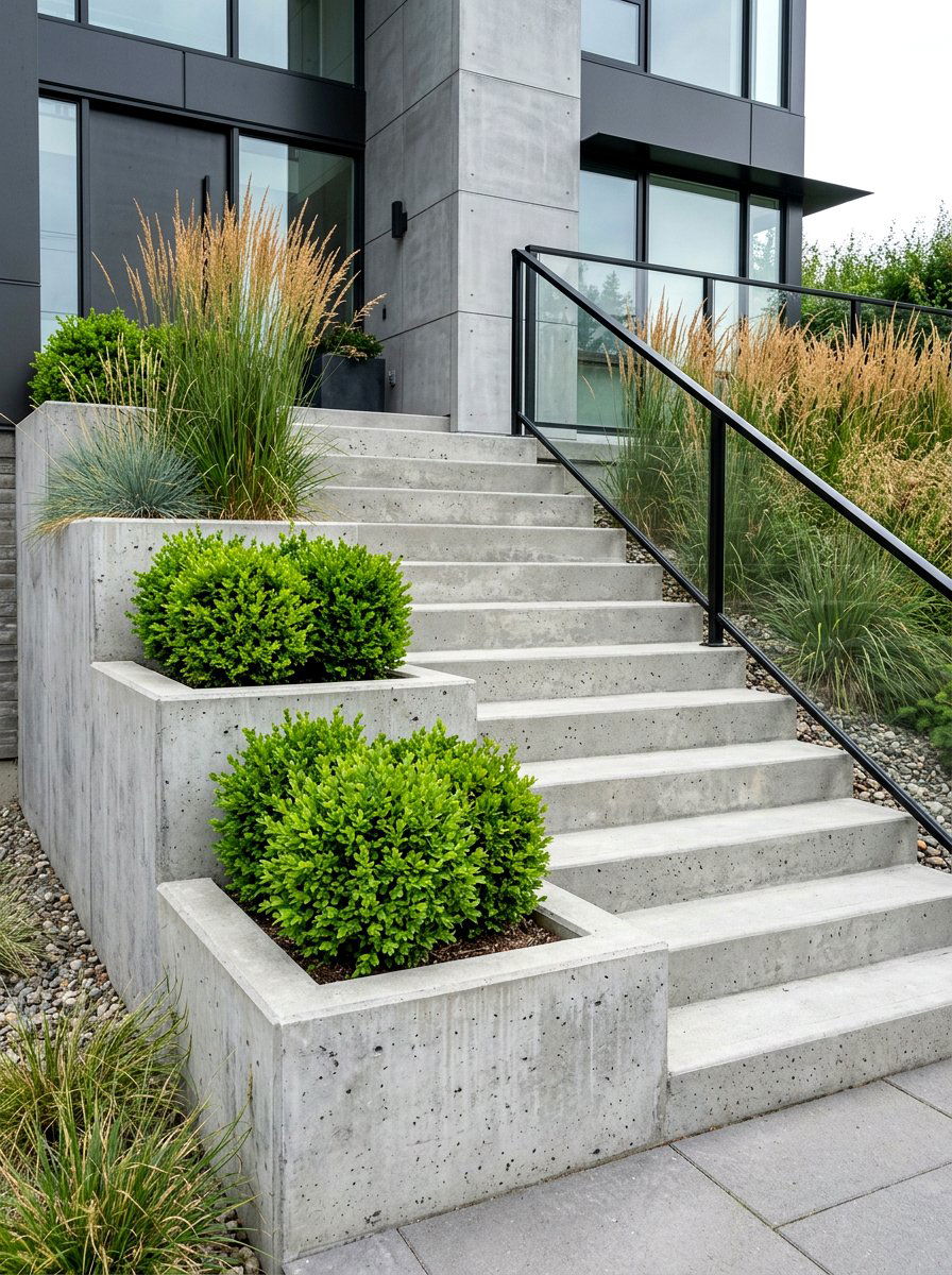 Modern Concrete Stair Planters - 25 Spring Outdoor Staircase Decor Ideas