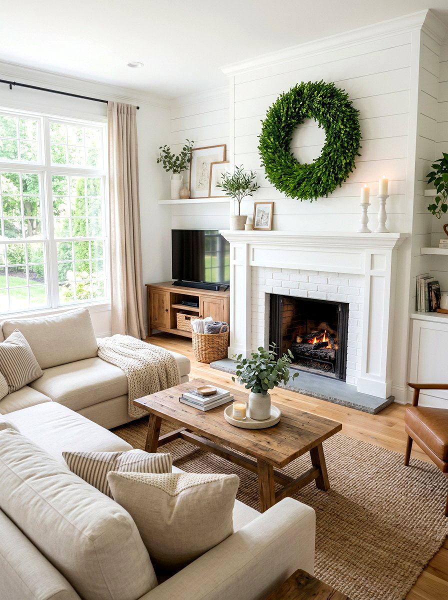 Modern Farmhouse Boxwood Wreath - 25 Spring Modern Mantel Ideas