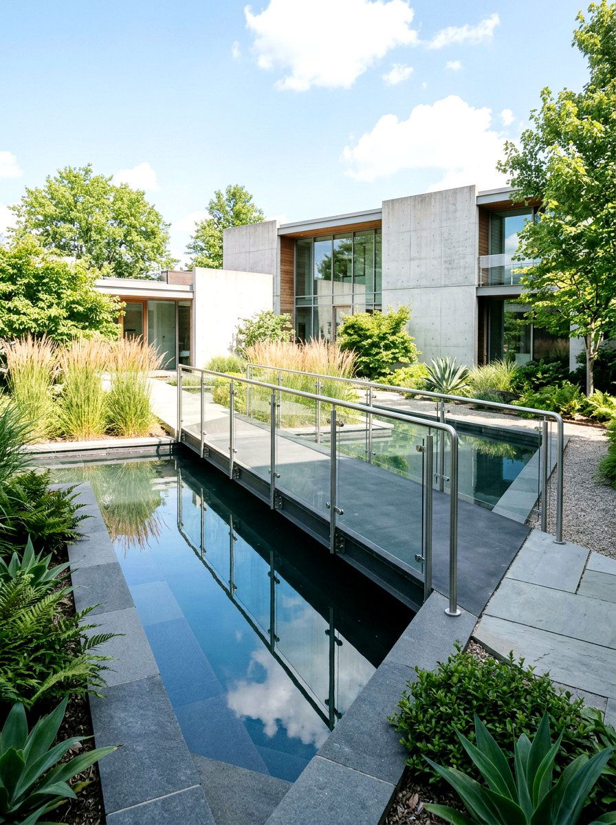 Modern Minimalist Bridge Glass Railings - 25 Spring Garden Bridge Decor Ideas